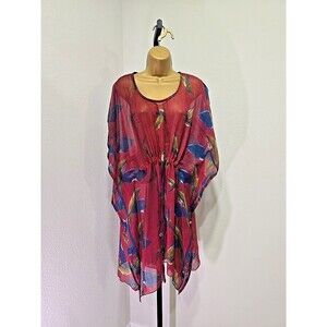 Red Multicolor Tassel Tie Sheer Blouse Top OS Boho Floral Oversized Fairy Grunge